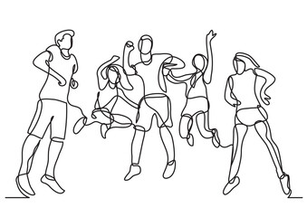 continuous line drawing vector illustration with FULLY EDITABLE STROKE of jumping people having fun