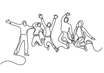 continuous line drawing vector illustration with FULLY EDITABLE STROKE of jumping team people