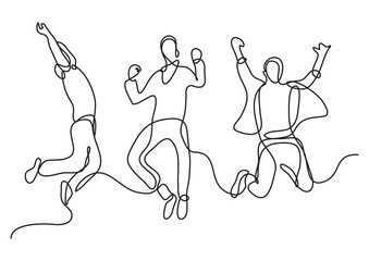 continuous line drawing vector illustration with FULLY EDITABLE STROKE of jumping team young men - obrazy, fototapety, plakaty