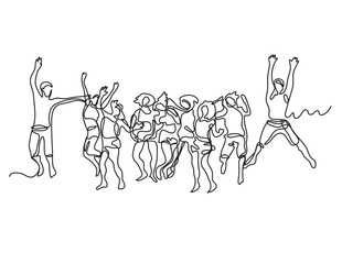 continuous line drawing vector illustration with FULLY EDITABLE STROKE of large group happy jumping people