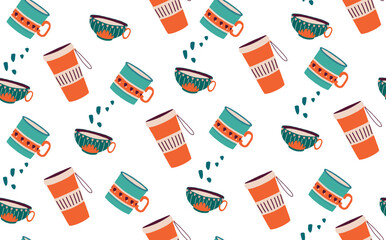 Trendy vector pattern with hand drawn cups and mugs in flat style.