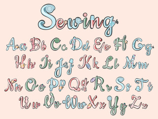 set of letters, sewing kit, sewing accessories. Vector illustration.