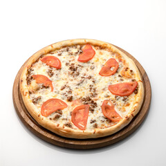 Pizza with minced meat, tomatoes and cheese on white background. Pizza on wooden board. Serving the dish. View from above. 