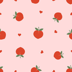 Seamless pattern with red peach fruit with green leaves and hearts on pink background vector illustration.