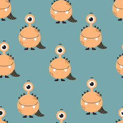 seamless pattern with cartoon monsters, decor elements. Colorful vector flat style for kids. hand drawing. baby design for fabric, print, wrapper, textile