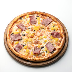 Pizza with ham, corn, olives and cheese on white background. Pizza on wooden board. Serving the dish. View from above. 