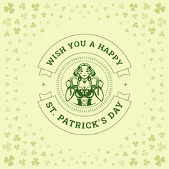 Saint Patrick's Day vintage greeting card Irish woman costume beer mug typography template vector