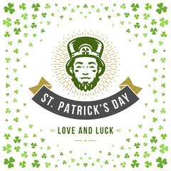 St Patrick's Day vintage greeting card lucky Irish leprechaun typographic template vector