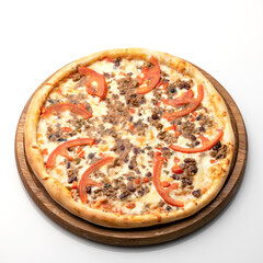 Pizza with minced meat, pepper and cheese on white background. Pizza on wooden board. Serving the dish. View from above. 
