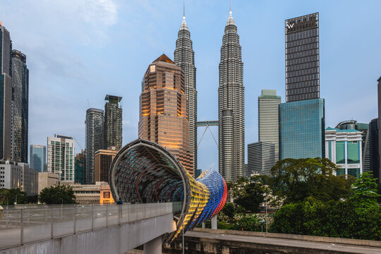 January 13, 2023: Saloma Link, Pintasan Saloma, a 69 meters combined pedestrian and bicyclist bridge across the Klang River in Kuala Lumpur, Malaysia. The architecture is inspired by the sireh junjung