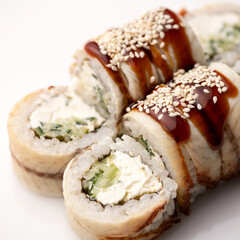 Sushi rolls with eel, cucumber and soft cheese. White background. Close-up. Serving dish. 