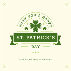 Happy St Patrick's Day green clover vintage greeting card typographic template vector flat