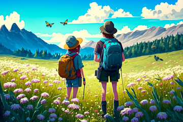 Fototapeta premium Two kids explore the beauty of nature on the flower meadow during hiking. Realistic vector illustration style. Generative AI