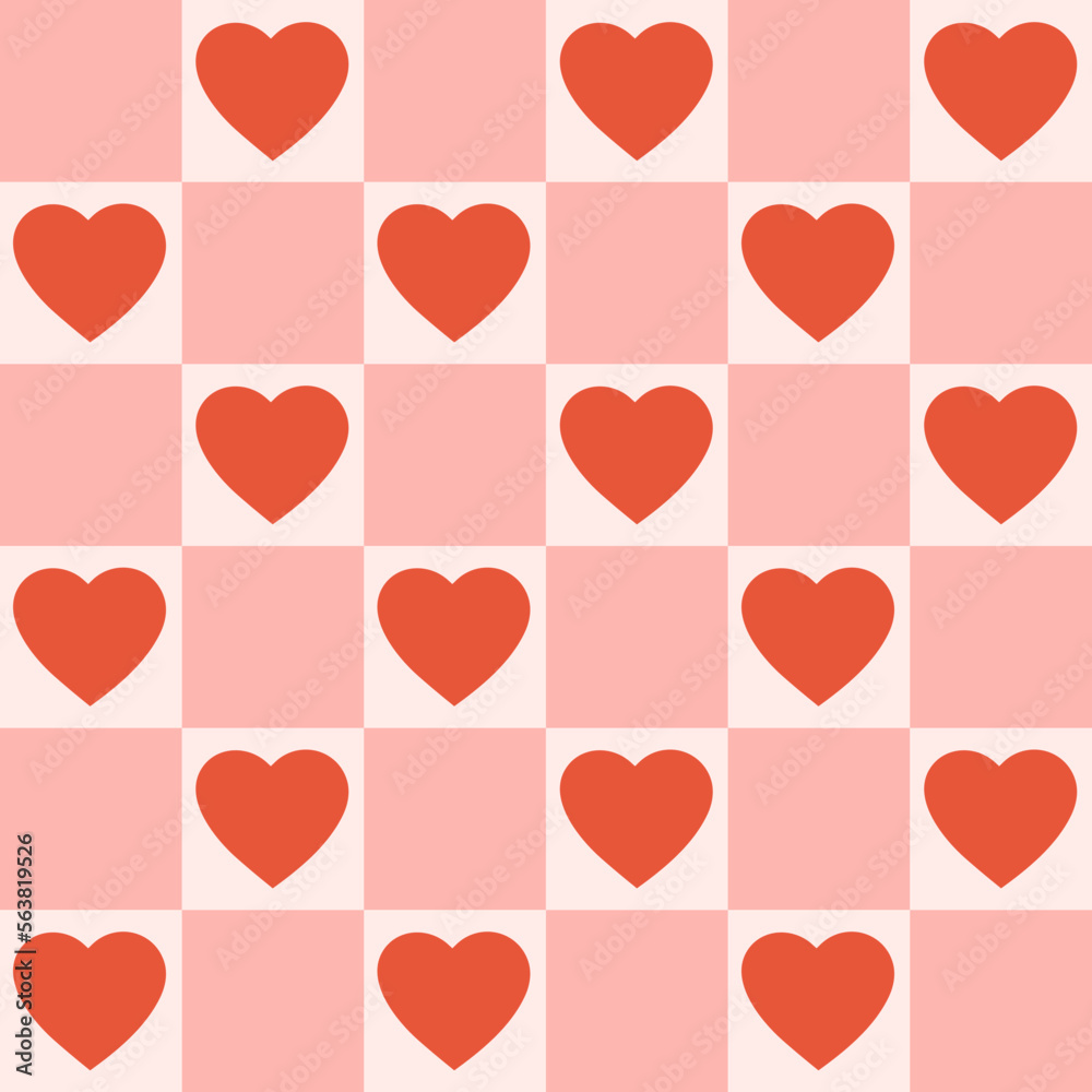 Poster monochrome seamless pattern with hearts on a checkered background. modern retro illustration for dec