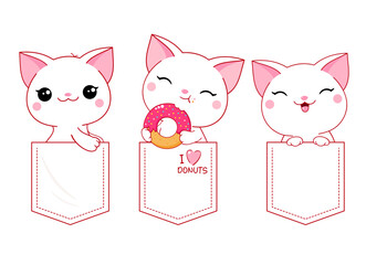 Cute kawaii kitty in pocket. Baby collection of pets in pockets. Childish print with funny cats for t-shirt design. Vector illustration EPS8