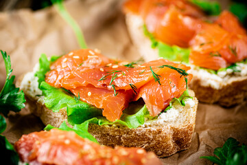 Salmon sandwich on paper. Macro background.