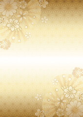 花と扇の麻の葉模様和背景タテ金