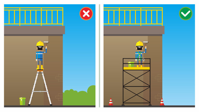 Workplace safety do's and dont's vector illustration. Improper working platform. Worker stand on uppermost ladder. Use scaffolding. Falling hazard. Unsafe work condition and act.