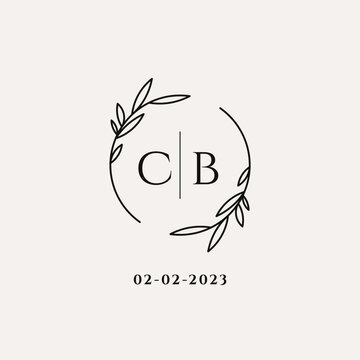 Letter CB wedding monogram logo design with simple natural circle leaf frame