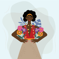 Afro-American woman with spring flowers