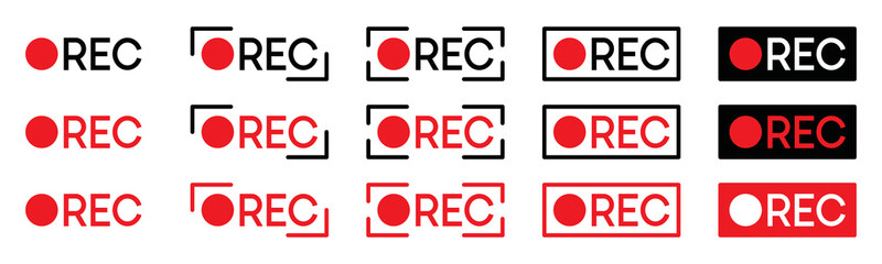 Recording icons set. Camera video recording icon. Rec symbol. Red recording icon, vector illustration