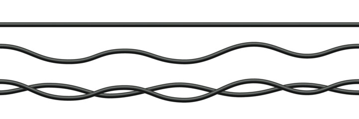 Realistic electrical wires. Cable power energy. Flexible thick network cord. Black electric computer connection wires. Seamless line cable. Vector illustration on white background.