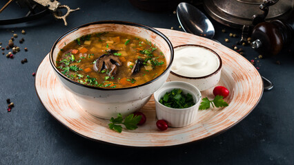 Champignon soup with sour cream and greens.