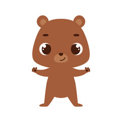Cute little bear on white background. Cartoon animal character for kids cards, baby shower, invitation, poster, t-shirt composition, house interior. Vector stock illustration