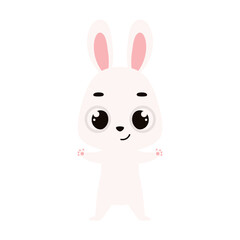 Cute little bunny on white background. Cartoon animal character for kids cards, baby shower, invitation, poster, t-shirt composition, house interior. Vector stock illustrationCute little bunny on whit