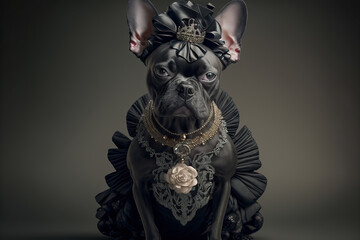 Fototapeta premium French bulldog in a fashionable evening dress. Pet portrait in clothing. Dog fashion. Post-processed generative AI