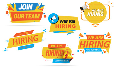 Hiring recruitment open vacancy design, We are hiring job offer vacancy bubble speech vector, We are hiring for creative vector design.