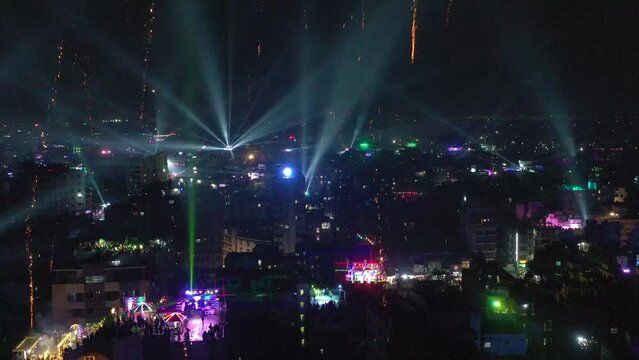 Areal Shot Of Rooftop Party with Shakrain Festival celebrations in Old Dhaka, Bangladesh.