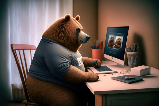 A fat bear is sitting at the office table in front of a computer. Sedentary lifestyle concept, generative ai
