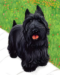 Happy black Scottish Terrier. It is standing beside grass. Generative AI