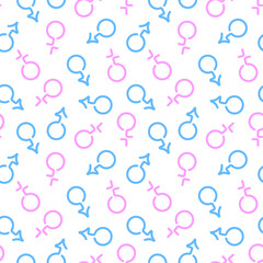 Blue and pink male and female gender symbols on white background seamless pattern. Best for textile, wallpapers, wrapping paper, package and festive decoration.