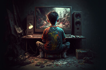 kid playing video games, game addiction concept - obrazy, fototapety, plakaty