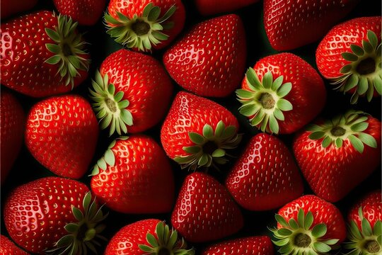 Strawberries Full Frame, Fresh Nature Fruit Pattern, Red Background (Ai Generated)