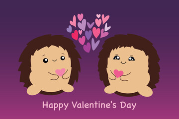 Cute hedgehogs. Valentine with lovers. Vector illustration isolated on pink background.