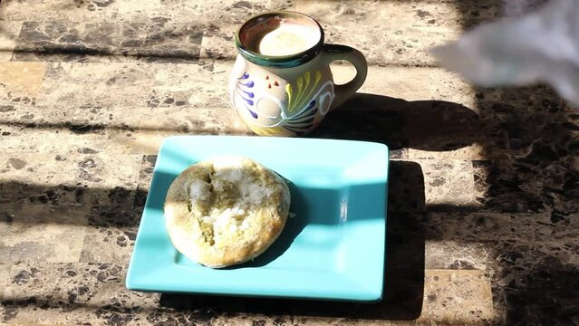 Pov View Of Person Serving Tlacoyos At Breakfast. Mexican Food. Traditional Cup Of Coffee