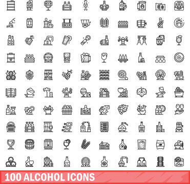 100 alcohol icons set. Outline illustration of 100 alcohol icons vector set isolated on white background