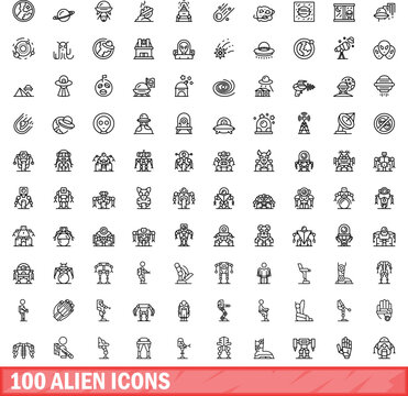 100 alien icons set. Outline illustration of 100 alien icons vector set isolated on white background