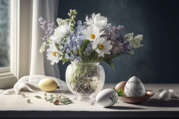 Still life with easter eggs and spring flowers generated with AI