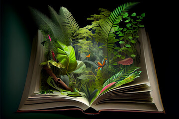 Obraz premium A tropical rainforest jungle appearing opening a book, generative AI
