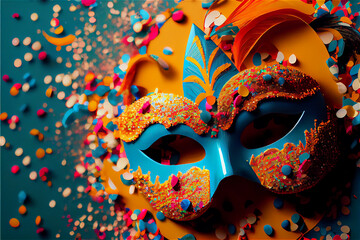 Carnival mask and colorful confetti in a joyous party background , generative AI