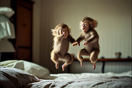 A group of little monkeys jumping on a bed , generative AI
