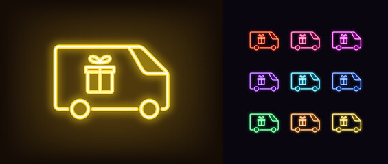 Outline neon delivery wagon icon set. Glowing neon minivan with gift box sign, order delivery pictogram. Auto courier shipment, distribution service, express shipping gifts.