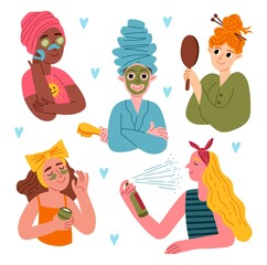 Beautiful girls use cosmetics. Skin care procedures, women in home spa, masks, patches and face creams, peeling and cleansing, vector set