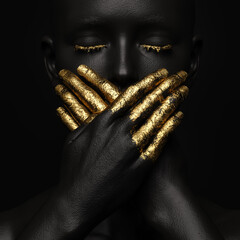 Golden silence. A female figure covering her mouth with both hands. Her fingers are covered with gold leaf. Close-up. 3D Illustration.