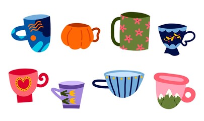 Colorful ceramic cups. kitchen tea utensils, patterned trendy mugs, breakfast beautiful pottery, decorative kitchen elements, vector set.