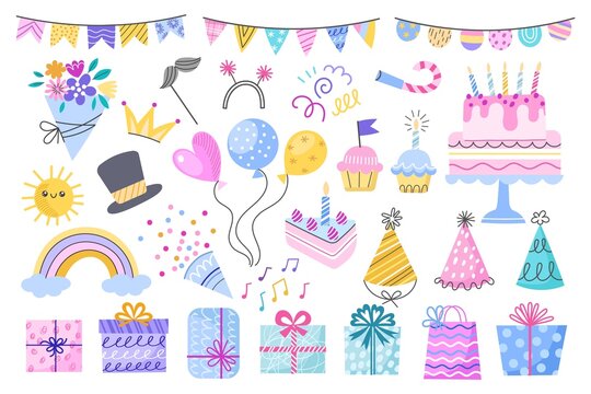 Birthday decorative elements. Different party objects, colorful holiday items, patterned wrapping paper, flowers, cake, garlands, vector set